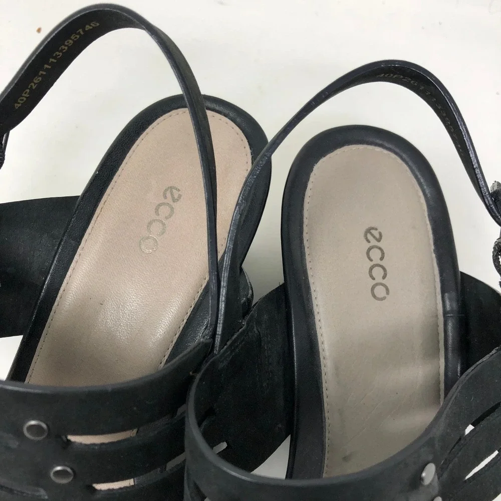 ECCO Womens Sandals 40 Wedge‎ Touch 45 Black Leather Studded Open Toe Heel